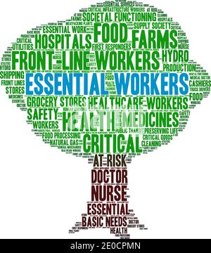 Essential Workers word cloud on a white background. Stock Vector