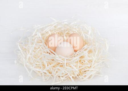 Raw organic brown and white eggs in nest made of staw shreded paper. Stock Photo