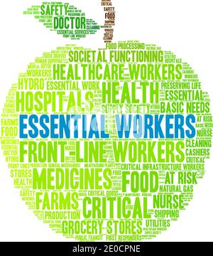 Essential Workers word cloud on a white background. Stock Vector