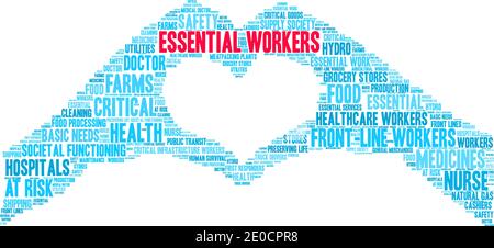 Essential Workers word cloud on a white background. Stock Vector