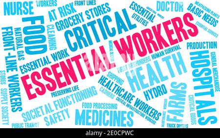 Essential Workers word cloud on a white background. Stock Vector