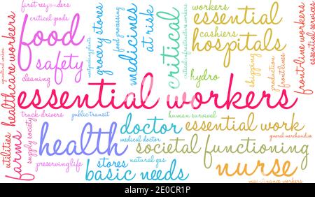 Essential Workers word cloud on a white background. Stock Vector