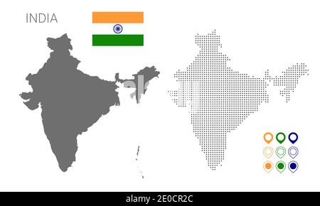 Map of India silhouette, India map dotted, Flag of India. Vector illustration flat Stock Vector