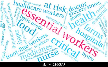 Essential Workers word cloud on a white background. Stock Vector