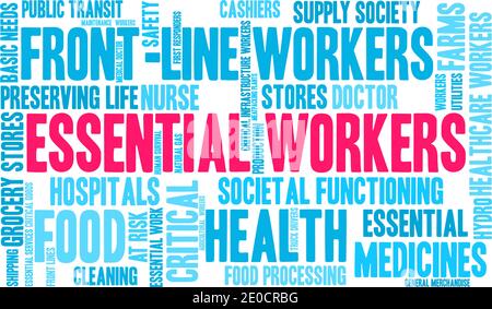 Essential Workers word cloud on a white background. Stock Vector
