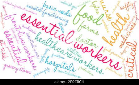 Essential Workers word cloud on a white background. Stock Vector