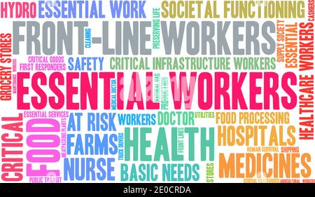 Essential Workers word cloud on a white background. Stock Vector