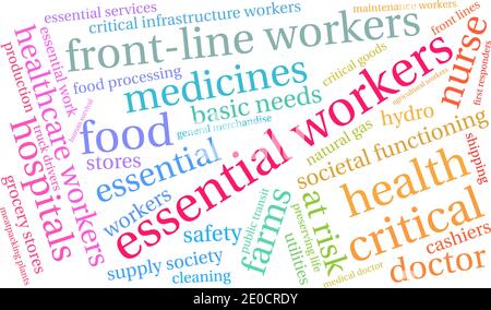 Essential Workers word cloud on a white background. Stock Vector