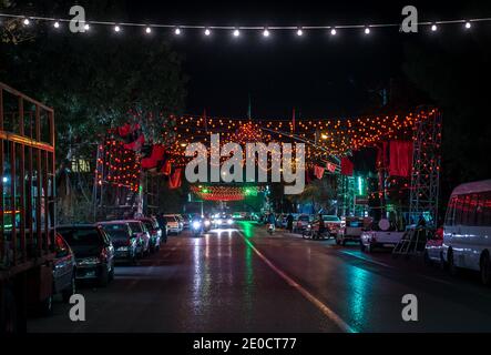 Light decorations during Muharram month over one of main street on the Old Town of Kashan city, capital of Kashan County of Iran Stock Photo