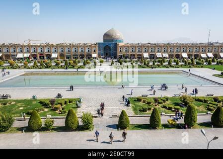 Aerial view on Naqsh-e Jahan Square (Imam Square, formlerly Shah Square) with Sheikh Lotfollah Mosque in centre of Isfahan in Iran Stock Photo