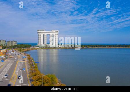 Aerial view of Gyeongpo lake in Gangneung, Republic of Korea