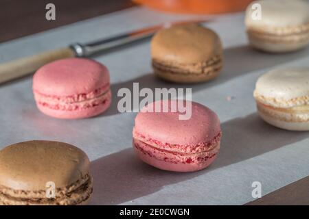 A close up food background of freshly baked homemade Macaroons or Macarons in Chocolate, Vanilla and pink Stock Photo