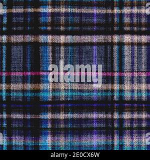 Variegated multicolor tapestry plaid woven texture. Space dyed watercolor effect knit check background. Fuzzy thin grungy textile material. Tufted Stock Photo