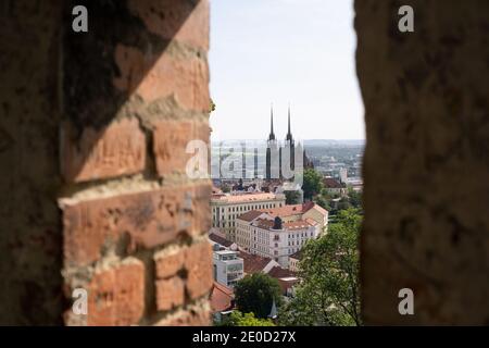 Cathedral of Saint Peter and Paul (Katedrala svateho Petra a Pavla), Petrov, Brno, Czech Republic / Czechia. View from Spilberk castle. Shallow focus Stock Photo