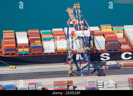 aerial view of container ship MSC Azov Valetta, Malta at industrial ...