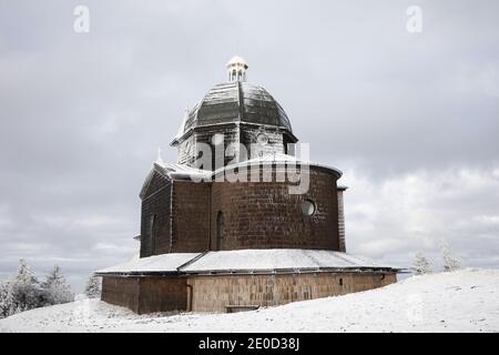 Chapel of Saint Cyril and Methodius, Radhost hill, Beskids mountains, Czech republic / Czechia - beautiful historic religious building in the winter. Stock Photo