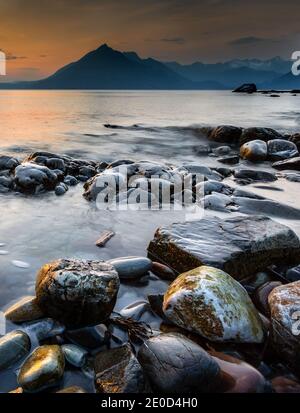 Sunset at Elgol Beach on Loch Scavaig, Cuillin Mountains, Isle of Skye, Scotland, Uk Stock Photo