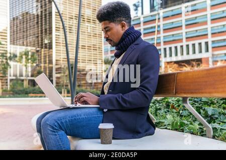 Side view of focused African American male entrepreneur sitting on a bench on the street while working on laptop working on project Stock Photo