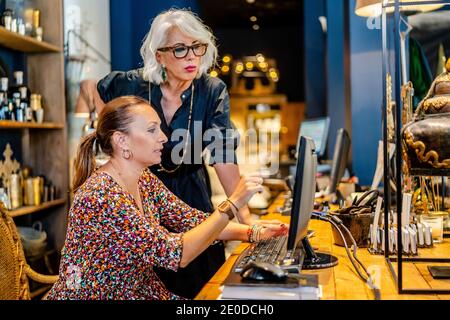 Serious female entrepreneur standing at table and listening to assistant while working on project at computer in expensive house Stock Photo