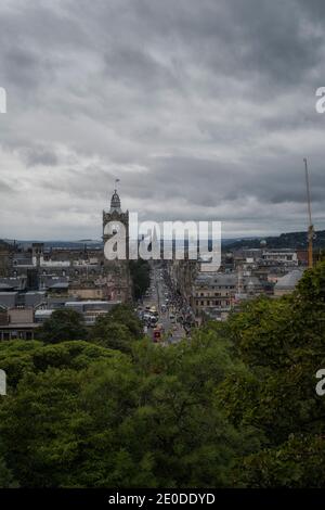 Drone view of amazing cityscape of Edinburgh under gray cloudy sky in Scotland Stock Photo
