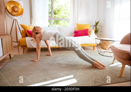 Side view of young fit concentrated female in sportswear standing in Upward Plank asana while practicing yoga in stylish living room Stock Photo