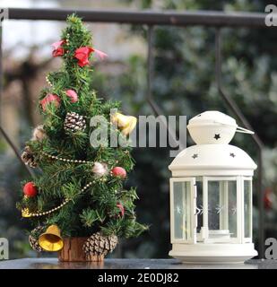 Christmas Decoration Traditional Lantern and Tree, Nativity Scene Stock Photo