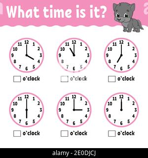 Learning time on the clock. Educational activity worksheet for kids and toddlers. Game for children. Simple flat isolated vector illustration in cute Stock Vector
