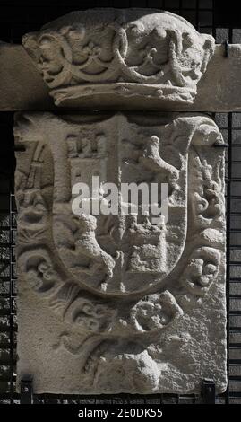 Coat of arms of Spain with fleece. From the wall of La Coruña, Galicia, Spain. Ca.1650. Archaeological and History Museum (San Anton Castle). A Coruña, Galicia, Spain. Stock Photo