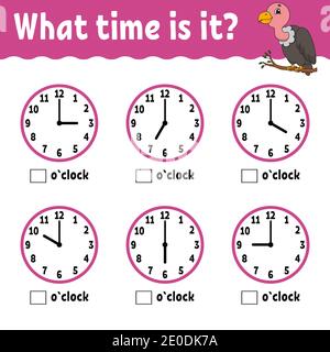 Learning time on the clock. Educational activity worksheet for kids and toddlers. Game for children. Simple flat isolated vector illustration in cute Stock Vector