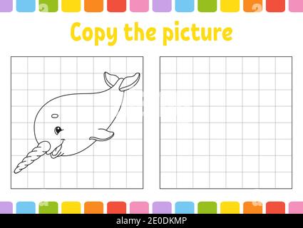 Copy the picture. Coloring book pages for kids. Education developing worksheet. Game for children. Handwriting practice. Funny character. Cute cartoon Stock Vector