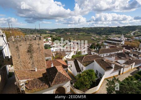 Obidos beautiful village castle stronghold fort tower in Portugal Stock Photo
