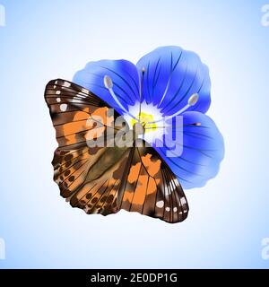 Butterfly Painted lady or Vanessa Cardui sitting on a blue flower isolated on white and blue background.Vector illustration. Stock Vector