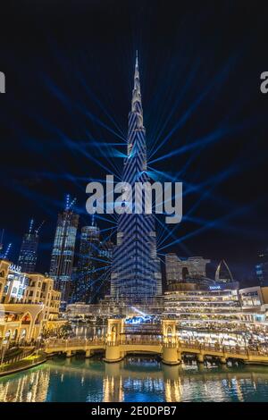 The Burj Khalifa skyscraper is lit up in preparation for New Year's Eve celebrations in Dubai, United Arab Emirates on Dec. 31, 2020. (Phto by Alex G. Perez/AGPfoto/Sipa USA) Stock Photo