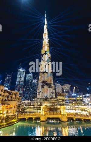 Dubai, United Arab Emirates. 30th Dec, 2020. The Burj Khalifa skyscraper is lit up in preparation for New Year's Eve celebrations in Dubai, United Arab Emirates on Dec. 30, 2020. (Phto by Alex G. Perez/AGPfoto/Sipa USA) Credit: Sipa USA/Alamy Live News Stock Photo