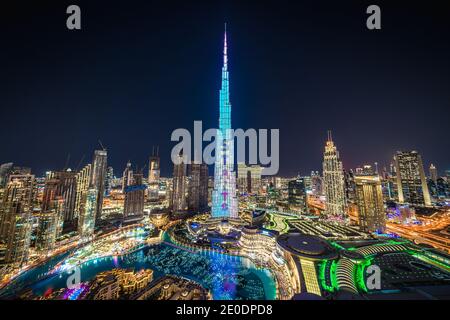 Dubai, United Arab Emirates. 31st Dec, 2020. The Burj Khalifa skyscraper is lit up in preparation for New Year's Eve celebrations in Dubai, United Arab Emirates on Dec. 31, 2020. (Phto by Alex G. Perez/AGPfoto/Sipa USA) Credit: Sipa USA/Alamy Live News Stock Photo
