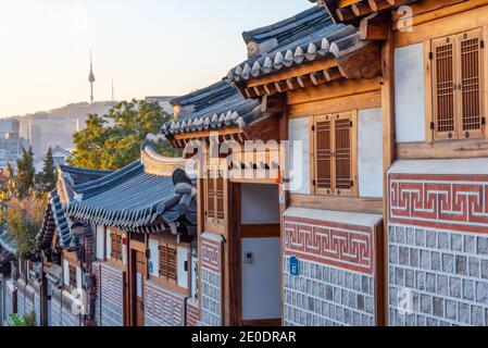 Namsan tower viewed from Bukchon hanok village in Seoul, Republic of Korea Stock Photo