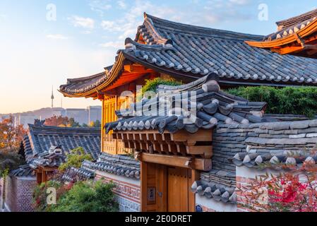 Namsan tower viewed from Bukchon hanok village in Seoul, Republic of Korea Stock Photo