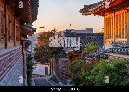 Namsan tower viewed from Bukchon hanok village in Seoul, Republic of Korea Stock Photo