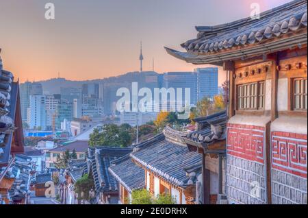 Namsan tower viewed from Bukchon hanok village in Seoul, Republic of Korea Stock Photo