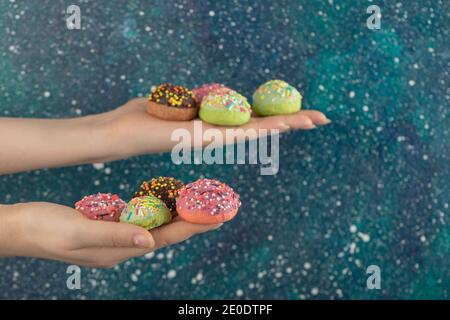 Hands holding colorful sweet small doughnuts with sprinkles Stock Photo