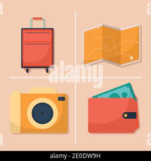 bundle of travel icons on a pink background Stock Vector