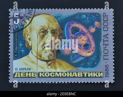 USSR - CIRCA 1986: Cancelled postage stamp printed by USSR, that shows Soviet scientist the father of astronautics Konstantin Tsiolkovsky, circa 1986. Stock Photo