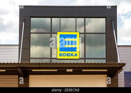 Schwabach, Germany: EDEKA sign at branch. The Edeka Group is the largest German supermarket corporation. Stock Photo