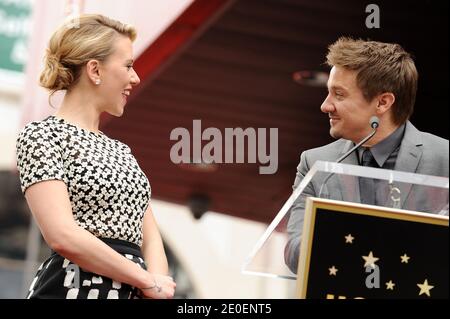 Jeremy Renner attends the ceremony where Scarlett Johansson is honored with the 2,470th star on the Hollywood Walk of Fame in front of Madame Tussauds in Los Angeles, CA, USA on May 2, 2012. Photo by Lionel Hahn/ABACAPRESS.COM Stock Photo