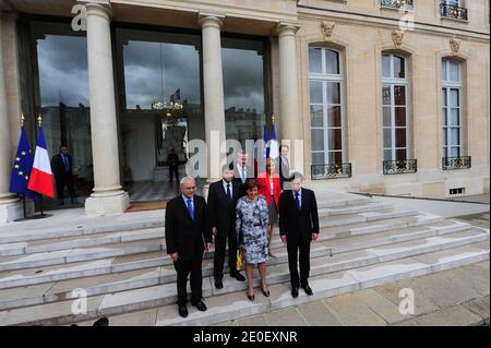 French Junior Minister for Defence Marc Laffineur, French Junior Minister for Foreign Trade Pierre Lellouche, French Agriculture Minister Bruno Le Maire, French Solidarities Minister Roselyne Bachelot-Narquin, French Budget Minister Valerie Pecresse and French Prime Minister Francois Fillon leave the Elysee presidential palace in Paris on May 9, 2012 after the last weekly cabinet council of France's president Nicolas Sarkozy's government. Photo by Mousse/ABACAPRESS.COM Stock Photo