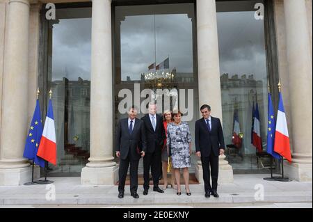 French Junior Minister for Foreign Trade Pierre Lellouche, French Agriculture Minister Bruno Le Maire, French Solidarities Minister Roselyne Bachelot-Narquin, French Budget Minister Valerie Pecresse and French Prime Minister Francois Fillon, pose as they leave the Elysee presidential palace in Paris on May 9, 2012 after the last weekly cabinet council of France's president Nicolas Sarkozy's government. Photo by Mousse/ABACAPRESS.COM Stock Photo