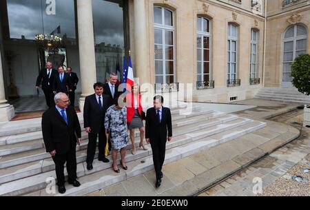 French Junior Minister for Defence Marc Laffineur, French Junior Minister for Foreign Trade Pierre Lellouche, French Agriculture Minister Bruno Le Maire, French Solidarities Minister Roselyne Bachelot-Narquin, French Budget Minister Valerie Pecresse and French Prime Minister Francois Fillon leave the Elysee presidential palace in Paris on May 9, 2012 after the last weekly cabinet council of France's president Nicolas Sarkozy's government. Photo by Mousse/ABACAPRESS.COM Stock Photo