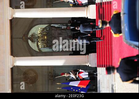 French outgoing President Nicolas Sarkozy welcomes newly elected President Francois Hollande at the Elysee Palace for Hollande's inauguration, in Paris, France on May 15, 2012. Photo by Mousse/ABACAPRESS.COM Stock Photo