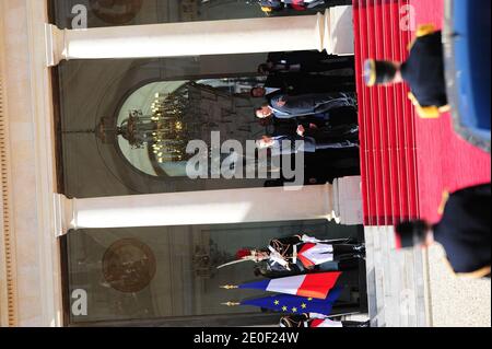 French outgoing President Nicolas Sarkozy welcomes newly elected President Francois Hollande at the Elysee Palace for Hollande's inauguration, in Paris, France on May 15, 2012. Photo by Mousse/ABACAPRESS.COM Stock Photo