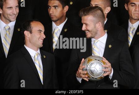 U.S. President Barack Obama welcomes the LA Galaxy members of the Major League Soccer champions including David Beckham (R) and Landon Donovan (L) to the White House to honor their 2012 season and their MLS Cup victory in the East Room of the White House in Washington, DC, USA on May 15 2012. Photo by Olivier Douliery/ABACAPRESS.COM Stock Photo